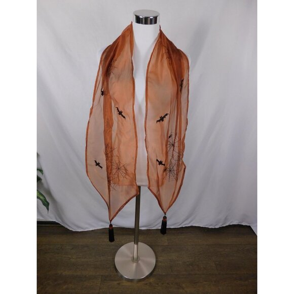 Orange Bats Spiderweb Embroidered Tassel Sheer Scarf OS - Picture 1 of 10